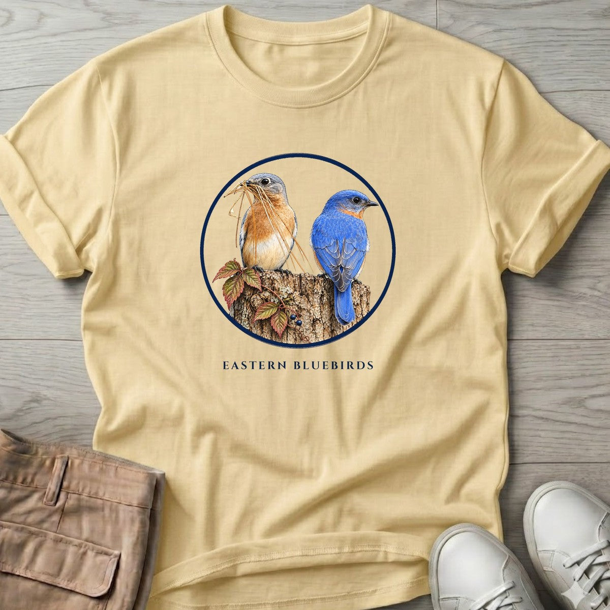 Eastern Bluebirds T-Shirt in Cornsilk, Salty Paws coastal t-shirt
