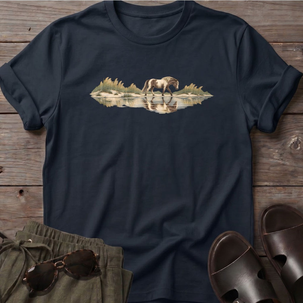 Assateague Pony T-Shirt in Black, Salty Paws T-Shirt, front design flat lay