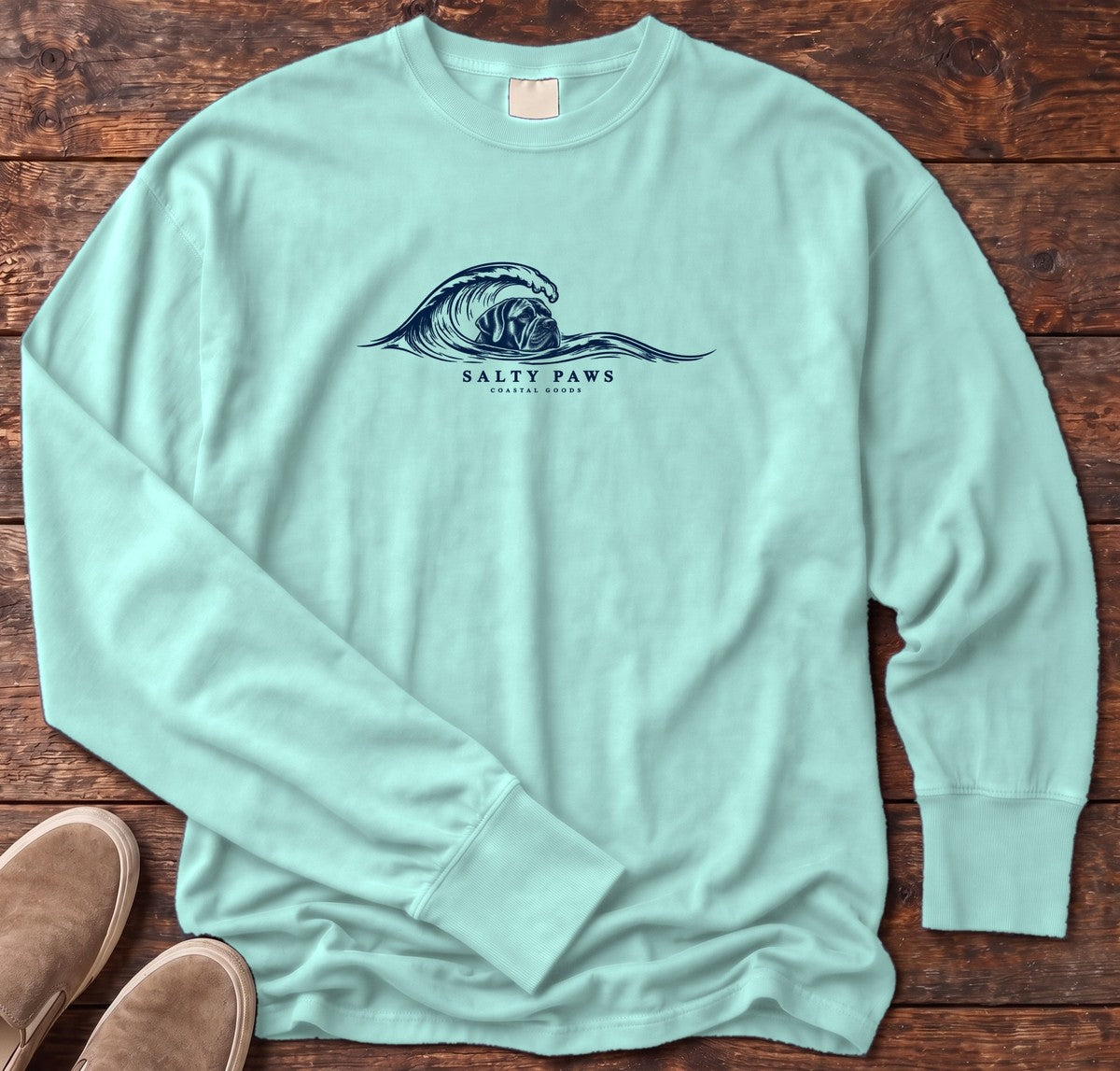 Cane Corso Wave Long Sleeve Tee in Chalky Mint, Salty Paws Comfort Colors long sleeve tee