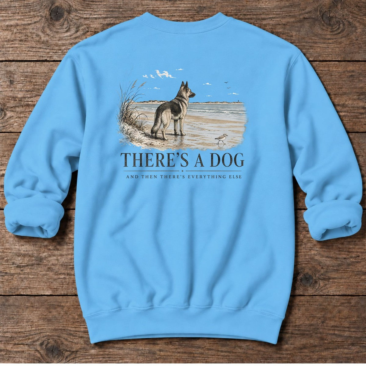 There's a Dog Shepherd Back Design Midweight Sweatshirt in Sky, Salty Paws coastal sweatshirt