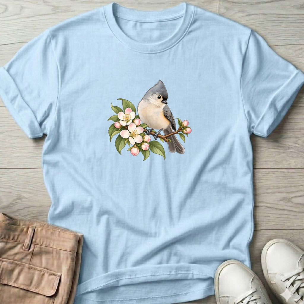 Tufted Titmouse Blossom T-Shirt in Light Blue, Salty Paws coastal t-shirt