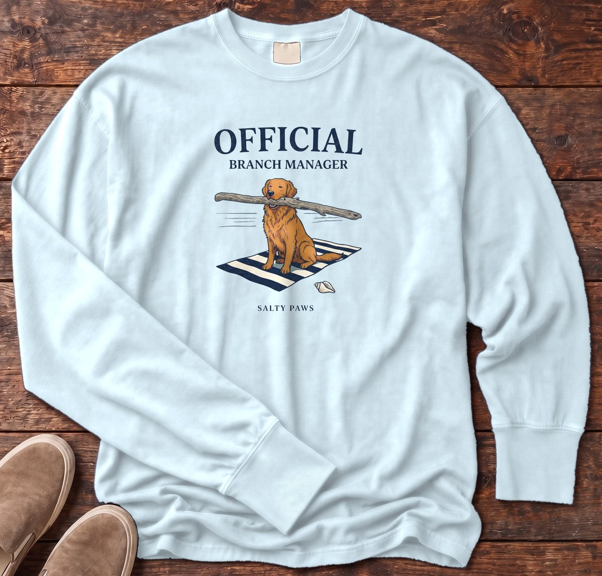 Official Branch Manager Golden Retriever Long Sleeve Tee in Chambray, Salty Paws Comfort Colors long sleeve tee