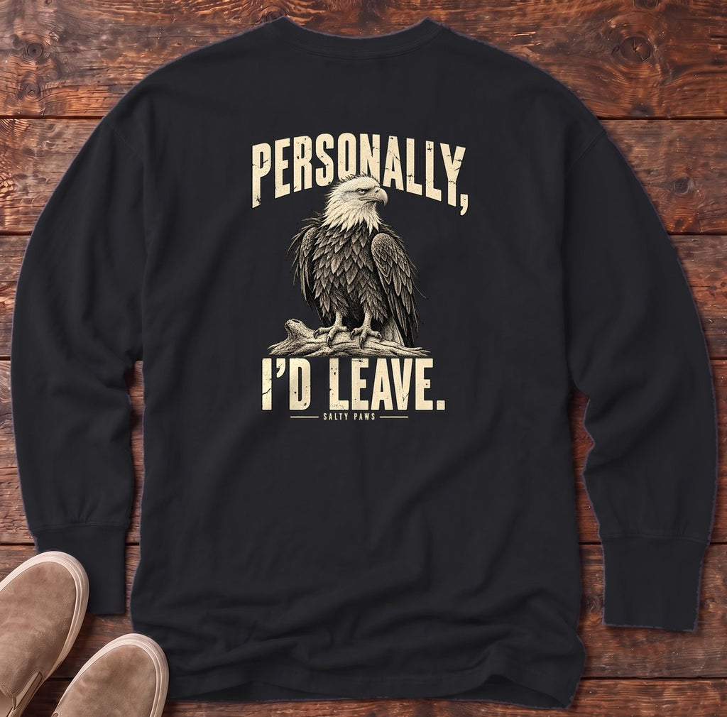 Personally I'd Leave Eagle Back Design Long Sleeve Tee in Black, Salty Paws Comfort Colors Long Sleeve Tee, back design flat lay