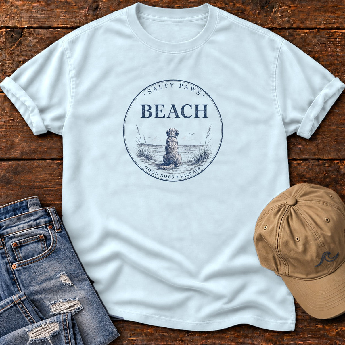 Beach Good Dogs Salt Air Comfort Colors T-Shirt in Chambray, front design flat lay
