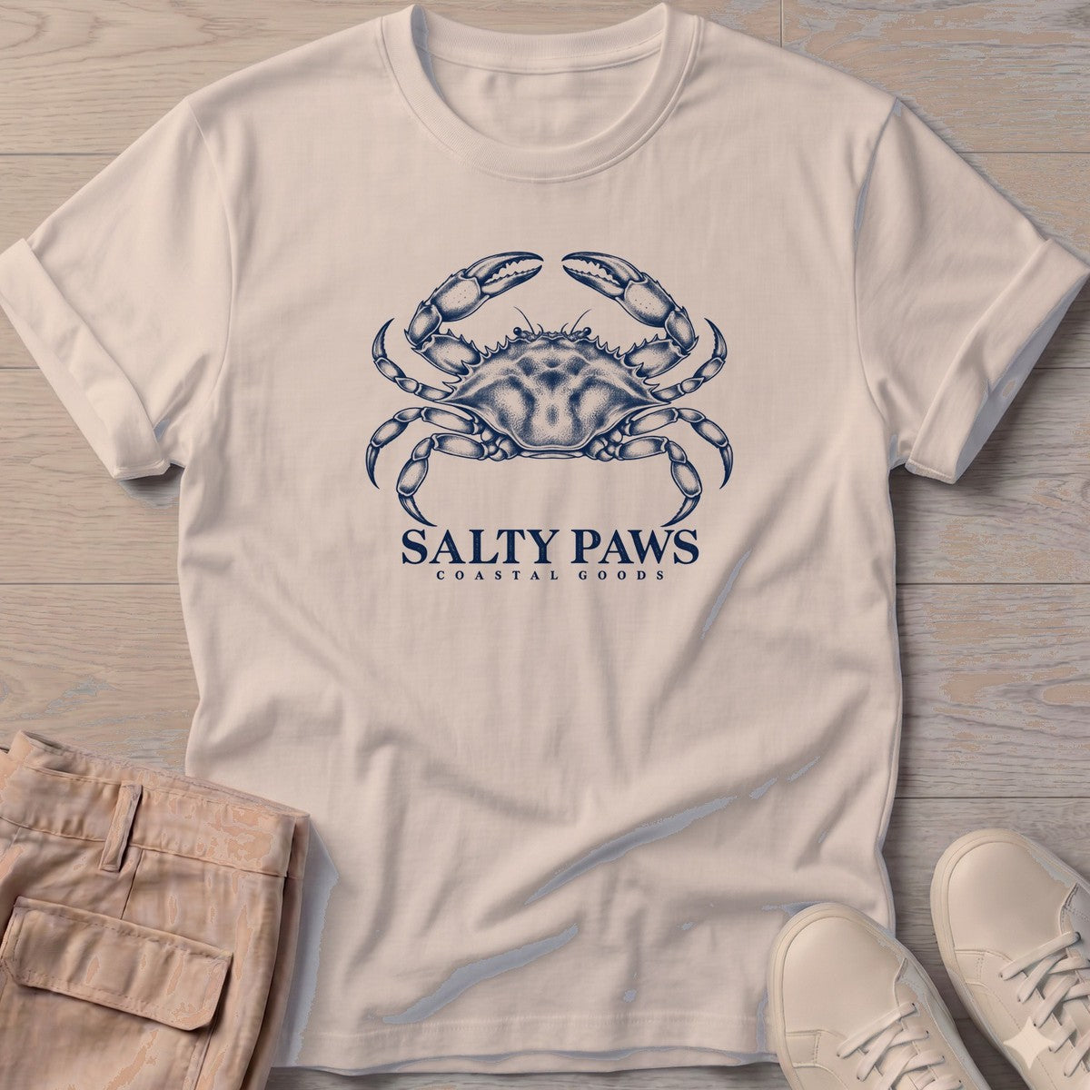 Blue Crab Coastal Goods T-Shirt in Sand, Salty Paws T-Shirt, front design flat lay