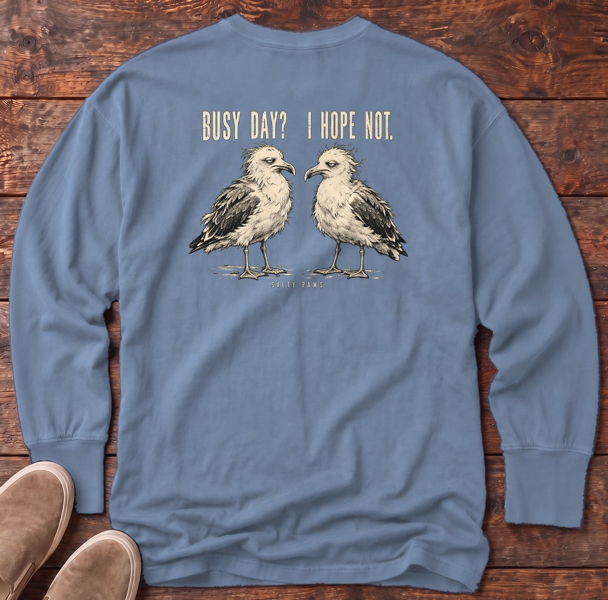 Busy Day Gulls Back Design Long Sleeve Tee in Blue Jean, Salty Paws Comfort Colors Long Sleeve Tee, back design flat lay