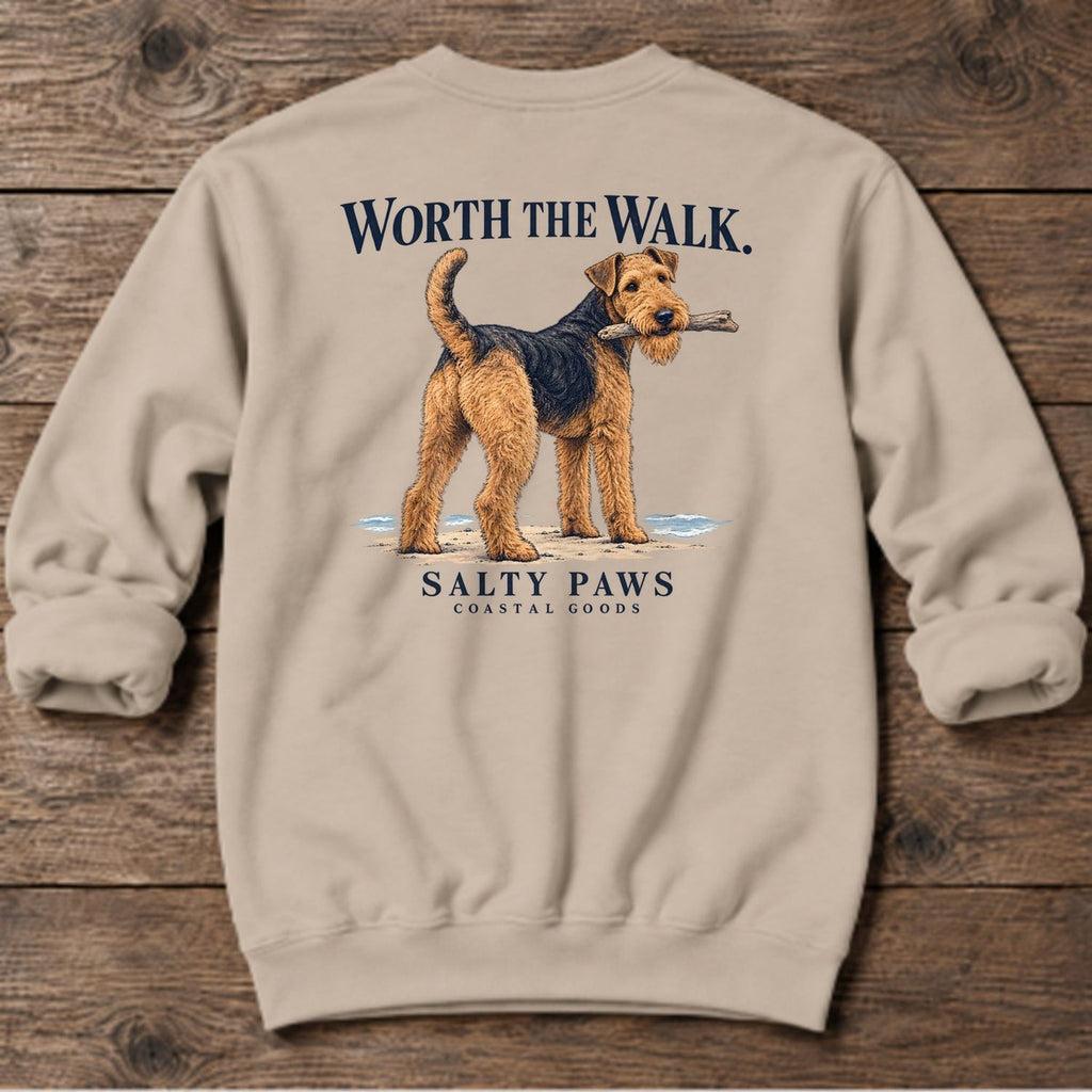Worth the Walk Airedale Back Design Midweight Sweatshirt in Sand, Salty Paws Midweight Sweatshirt, back design flat lay