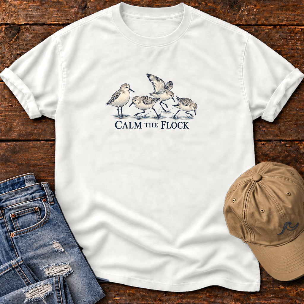 Calm the Flock Sandpipers T-Shirt in White, Salty Paws Comfort Colors T-Shirt, front design flat lay