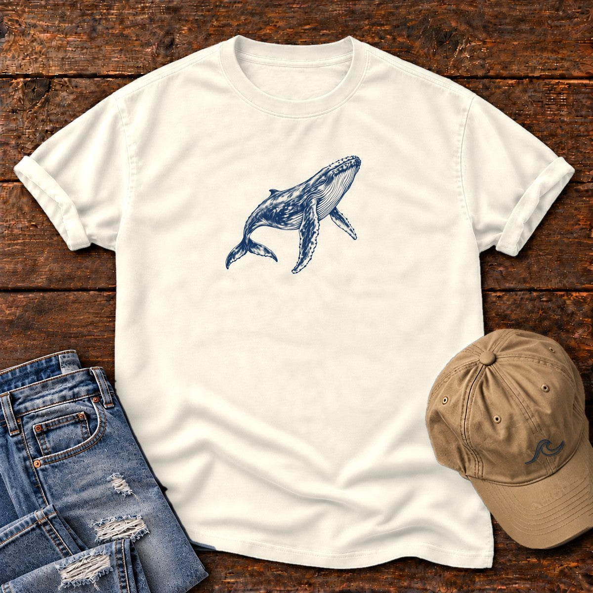 Humpback Whale T-Shirt in Ivory, Salty Paws Comfort Colors T-Shirt, front design flat lay