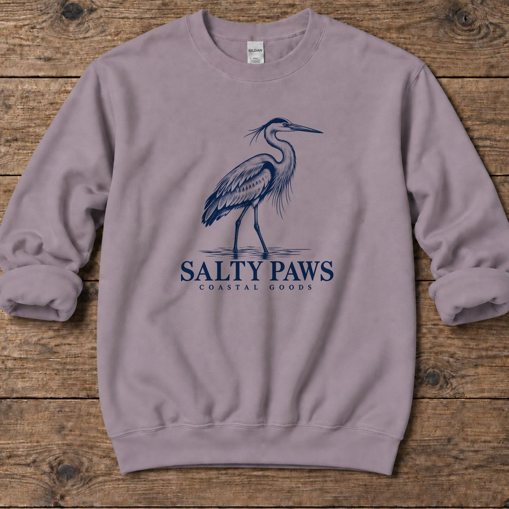 Great Blue Heron Coastal Goods Midweight Sweatshirt in Paragon, Salty Paws Midweight Sweatshirt, front design flat lay