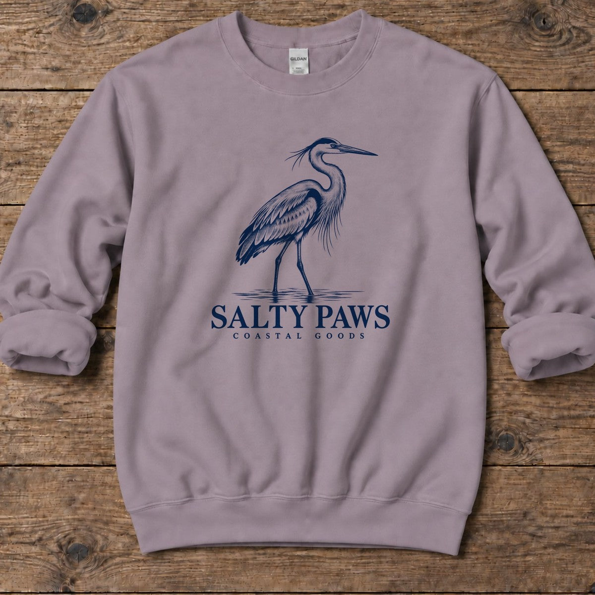 Great Blue Heron Coastal Goods Midweight Sweatshirt in Paragon, Salty Paws Midweight Sweatshirt, front design flat lay
