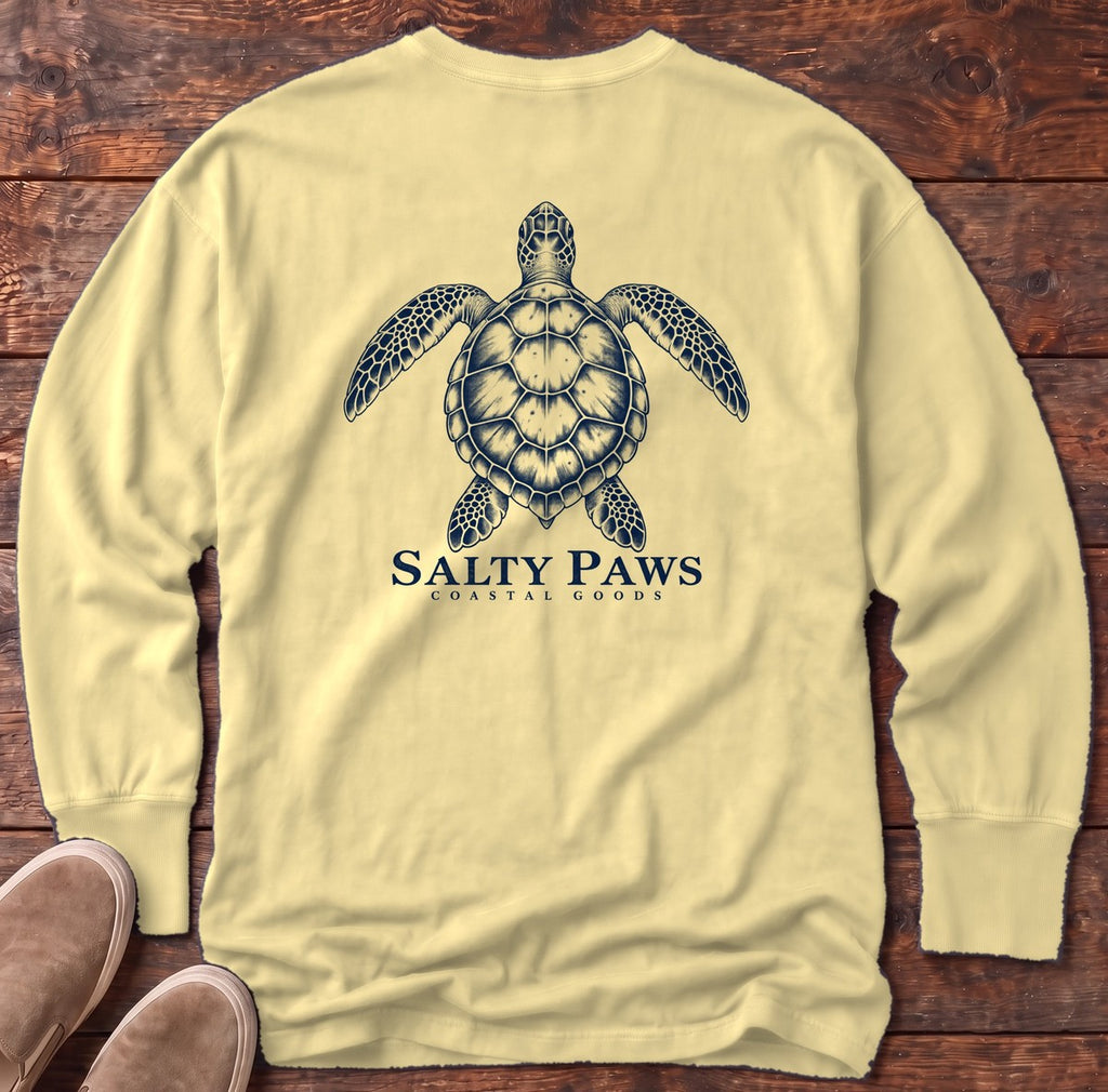 Sea Turtle Coastal Goods Back Design Long Sleeve Tee in Butter, Salty Paws Comfort Colors Long Sleeve Tee, back design flat lay