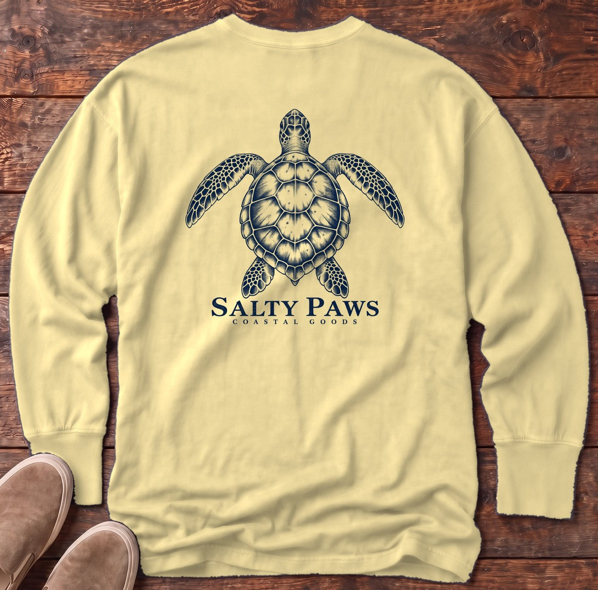 Sea Turtle Coastal Goods Back Design Long Sleeve Tee in Butter, Salty Paws Comfort Colors Long Sleeve Tee, back design flat lay