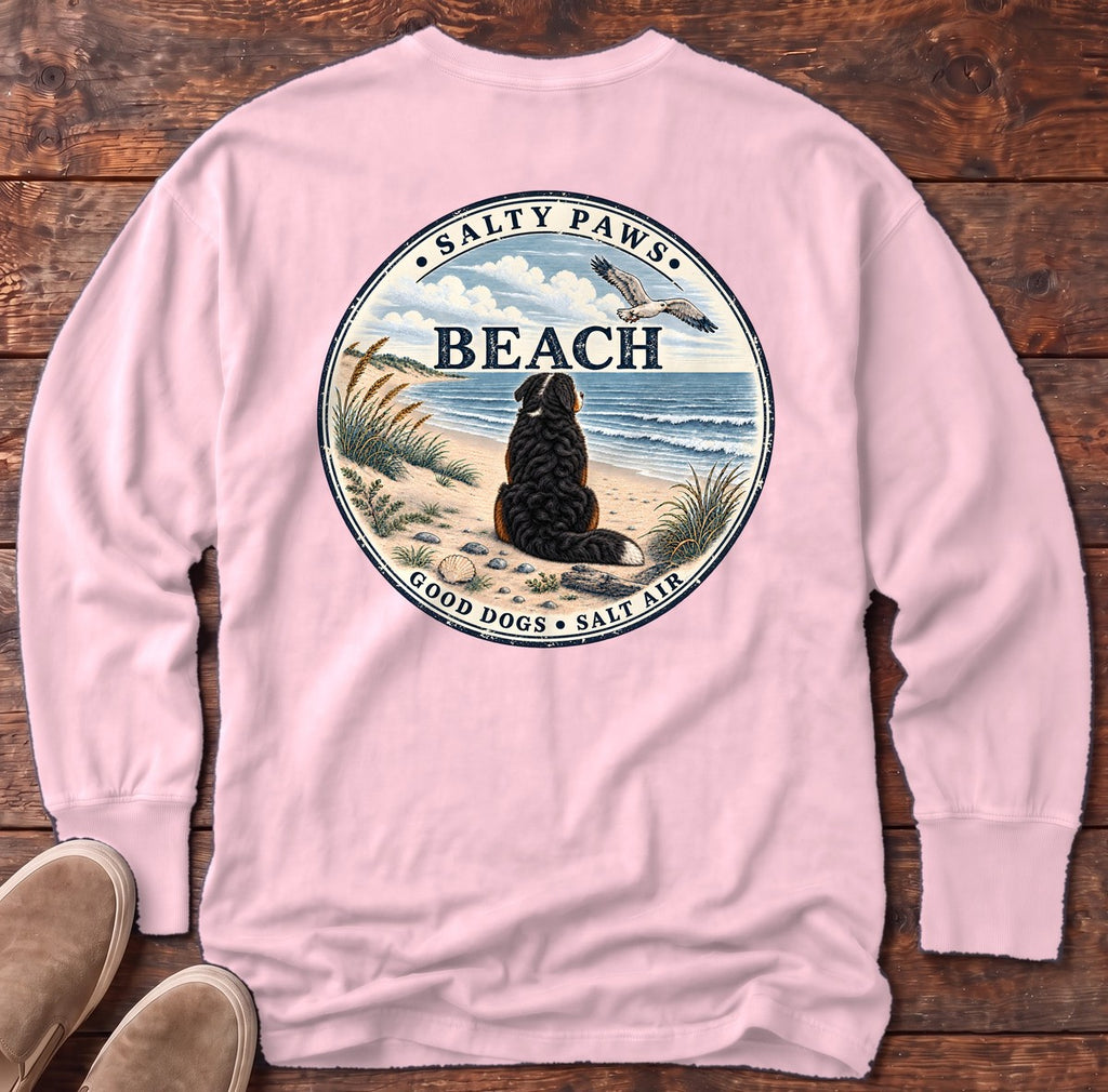 Salty Paws Beach Bernese Back Design Long Sleeve Tee in Blossom, Salty Paws Comfort Colors long sleeve tee