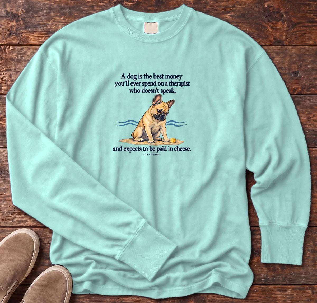 Paid in Cheese French Bulldog Long Sleeve Tee in Chalky Mint, Salty Paws Comfort Colors Long Sleeve Tee, front design flat lay
