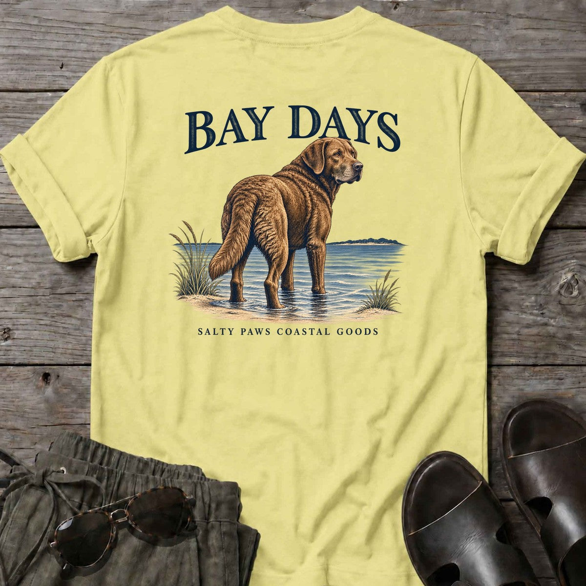 Bay Days Chesapeake Bay Retriever Back Design T-Shirt in Cornsilk, Salty Paws coastal t-shirt
