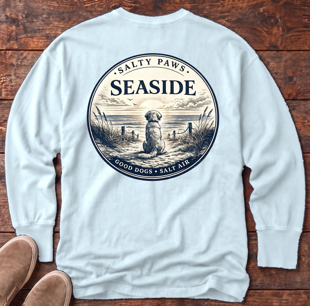 Seaside Good Dogs Back Design Long Sleeve Tee in Chambray, Salty Paws Comfort Colors long sleeve tee