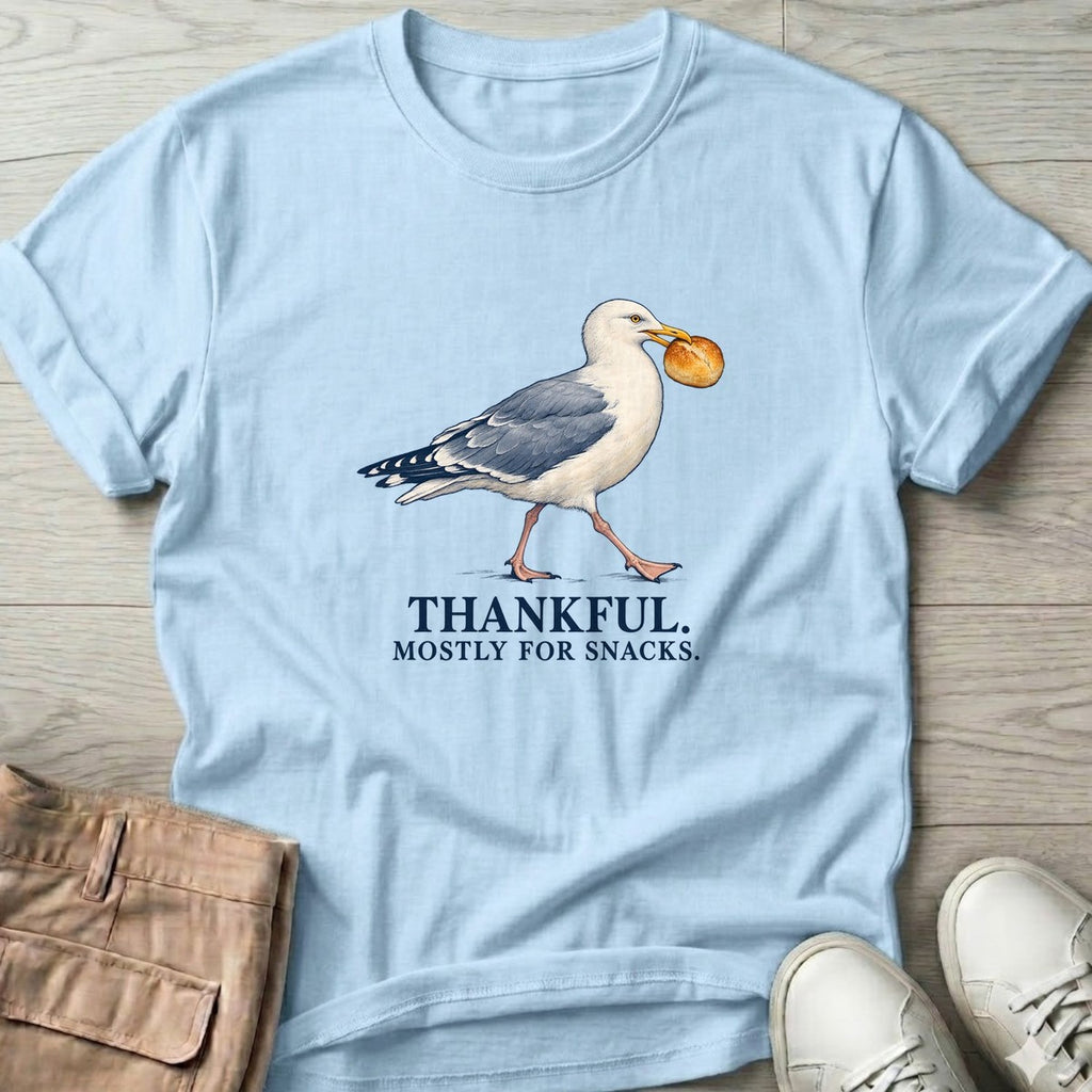Thankful Mostly for Snacks Seagull T-Shirt in Light Blue, Salty Paws T-Shirt, front design flat lay