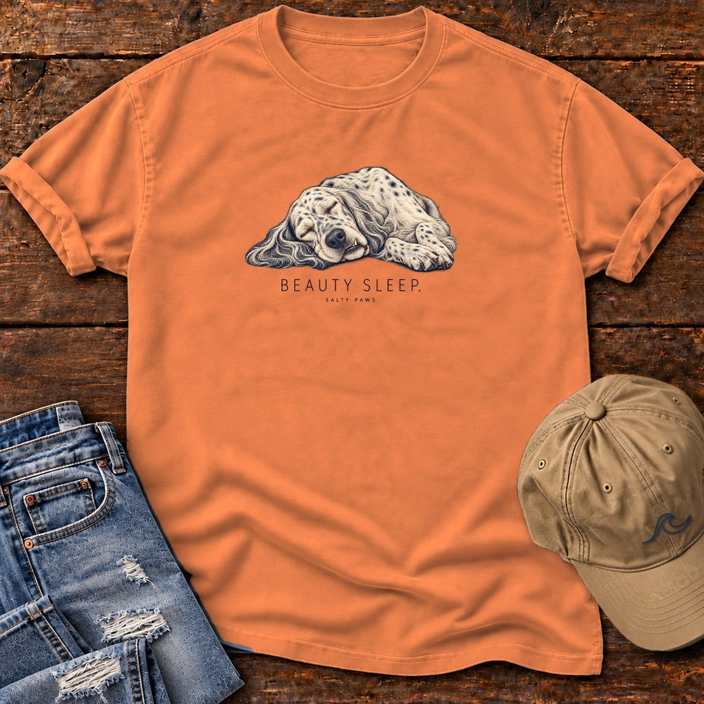 Beauty Sleep English Setter T-Shirt in Burnt Orange, Salty Paws Comfort Colors T-Shirt, front design flat lay