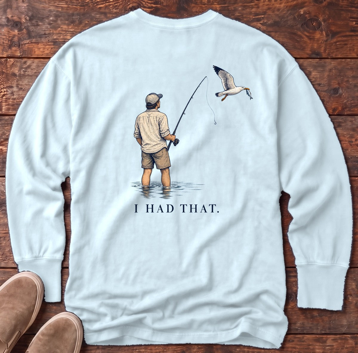 I Had That Seagull Back Design Long Sleeve Tee in Chambray, Salty Paws Comfort Colors Long Sleeve Tee, back design flat lay