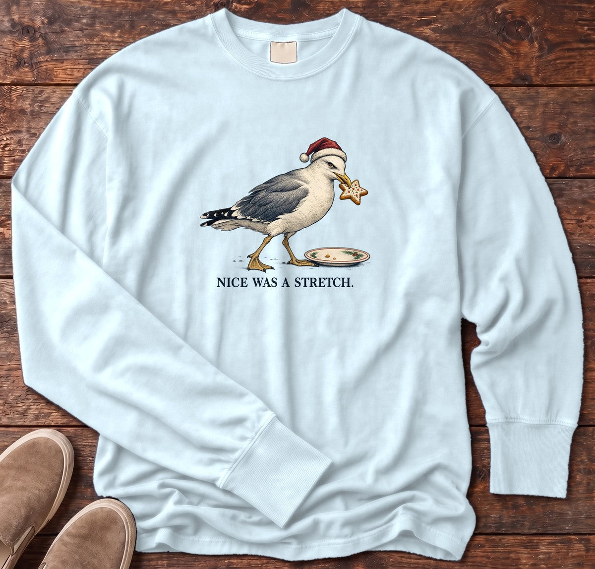 Nice Was a Stretch Seagull Long Sleeve Tee in Chambray, Salty Paws Comfort Colors Long Sleeve Tee, front design flat lay