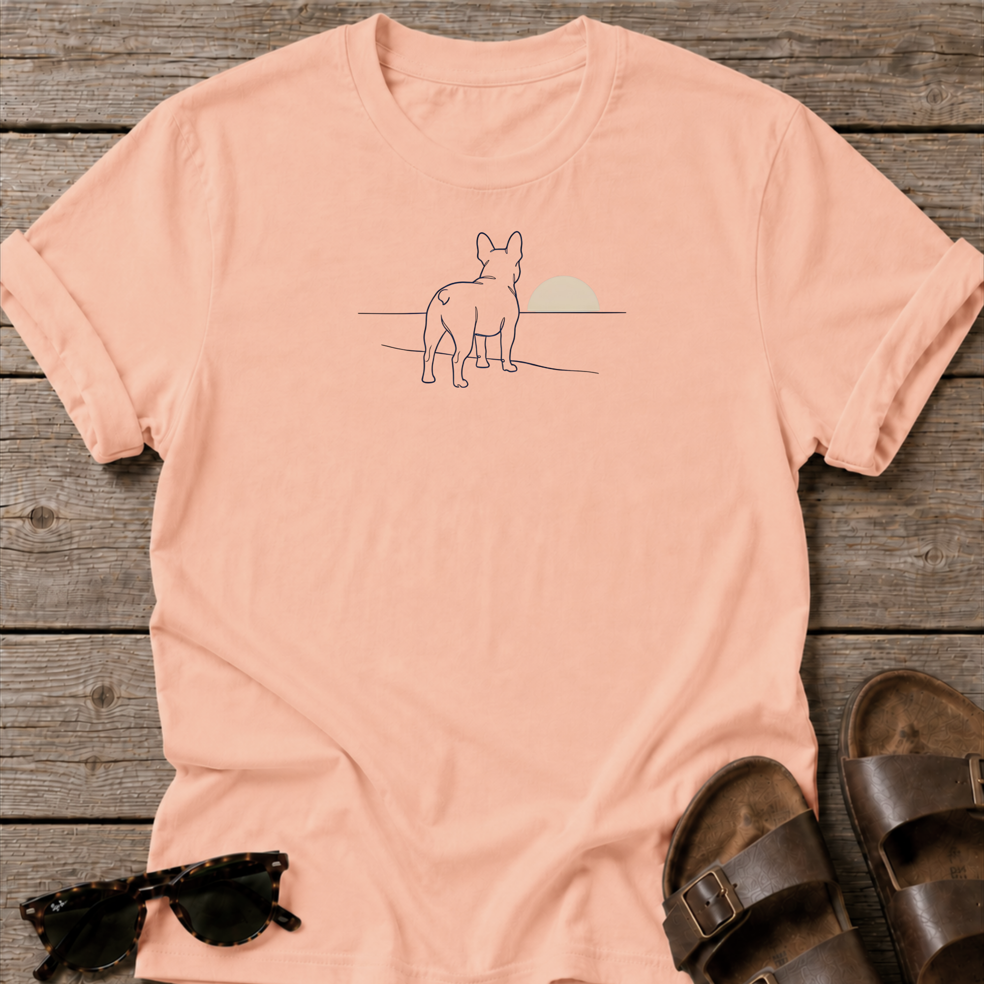 Frenchie Sunset Ocean Beach Dog Bella Canvas Tee – Coastal Lifestyle Graphic Shirt French Bulldog