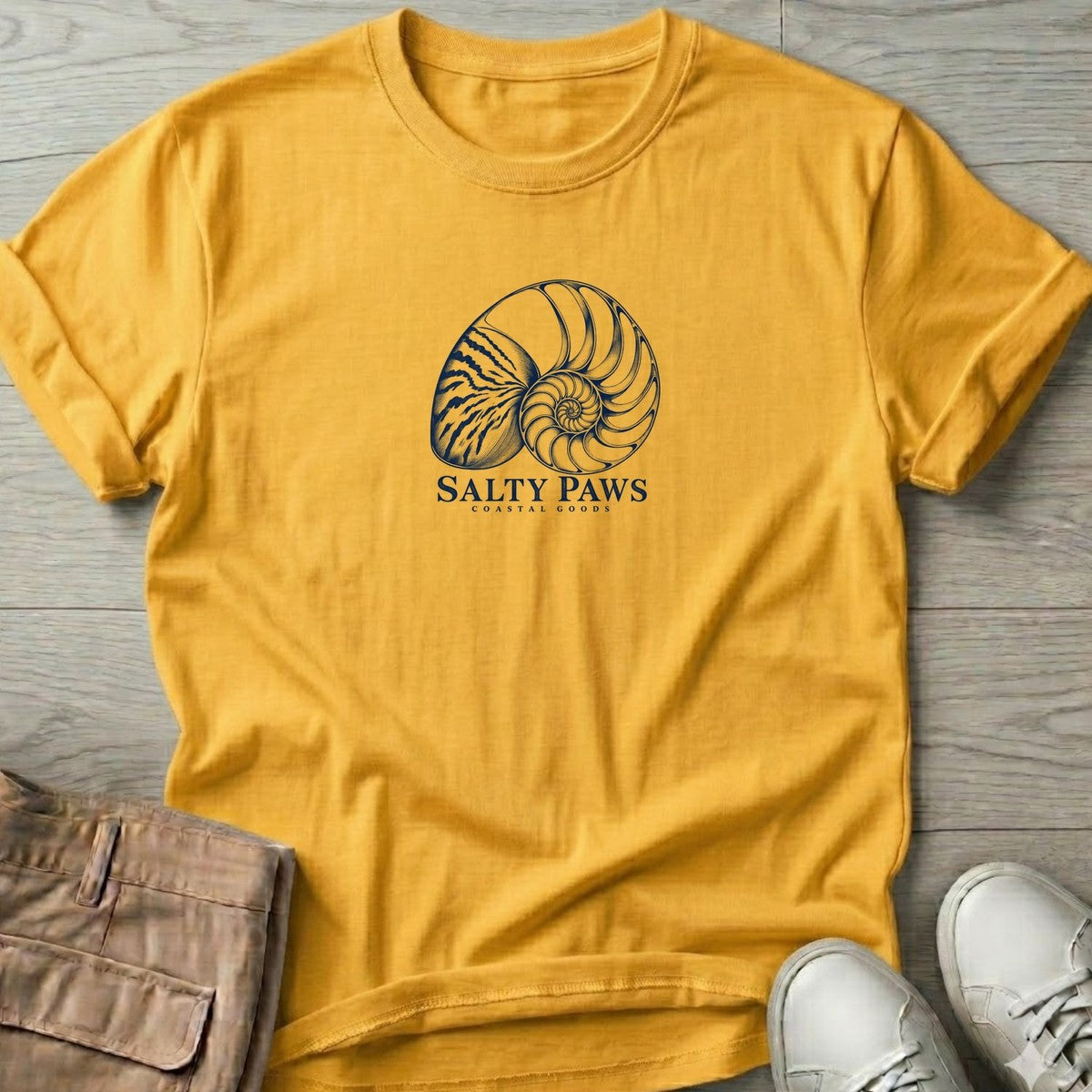 Nautilus Shell T-Shirt in Daisy, Salty Paws T-Shirt, front design flat lay
