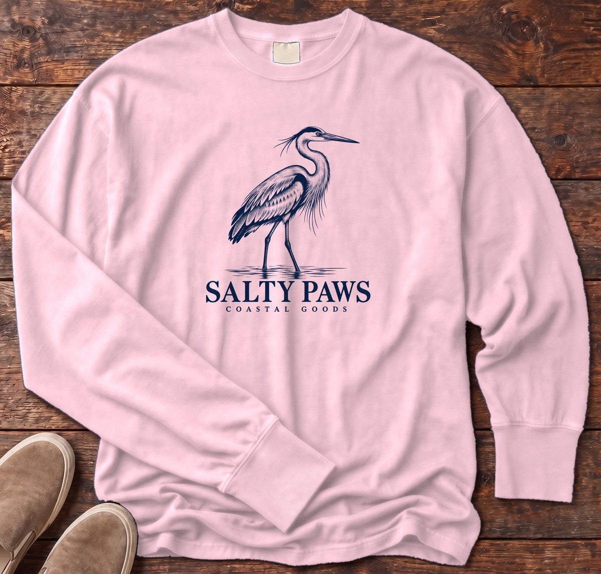 Great Blue Heron Coastal Goods Long Sleeve Tee in Blossom, Salty Paws Comfort Colors Long Sleeve Tee, front design flat lay