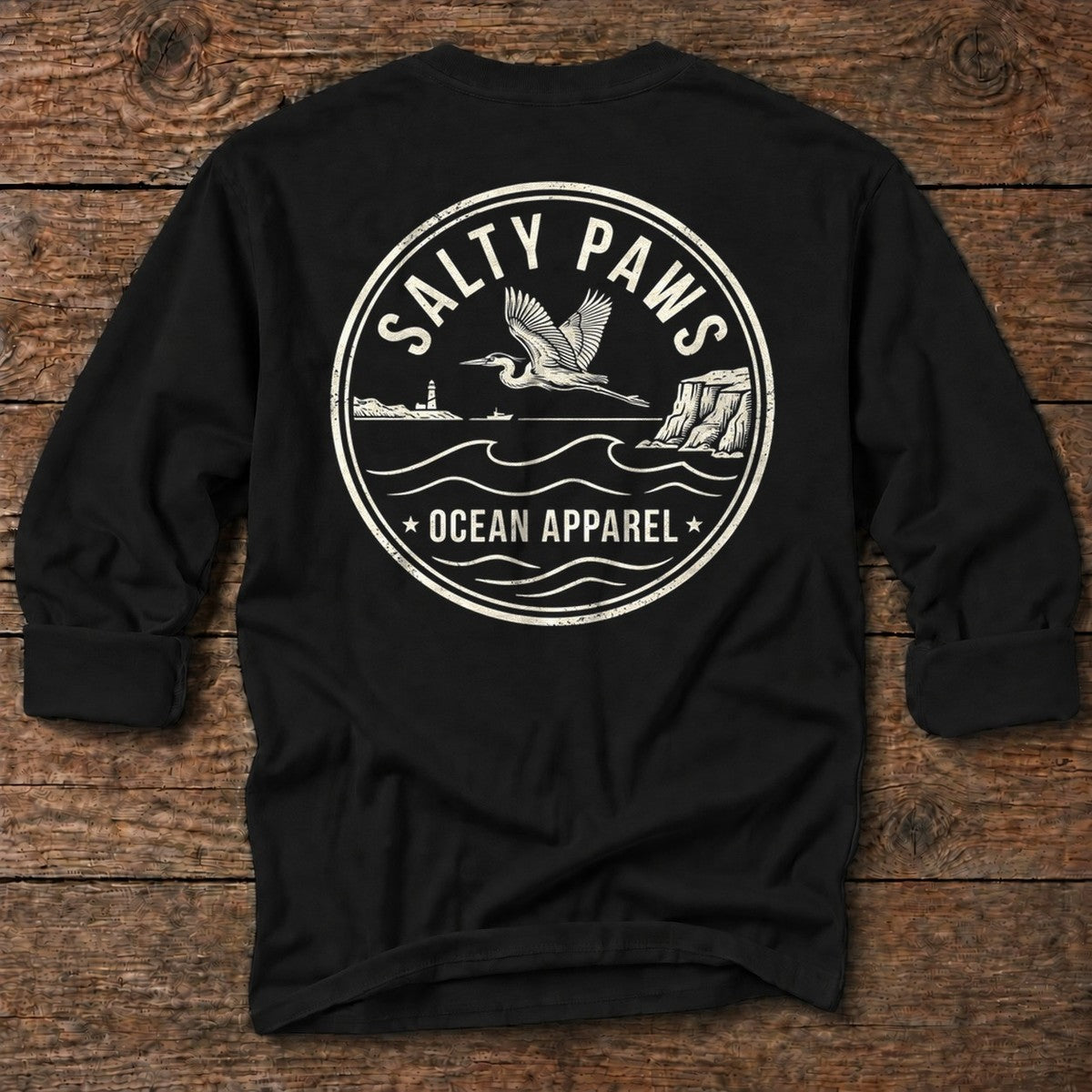 Heron Emblem Back Design Long Sleeve Tee in Black, Salty Paws coastal tee