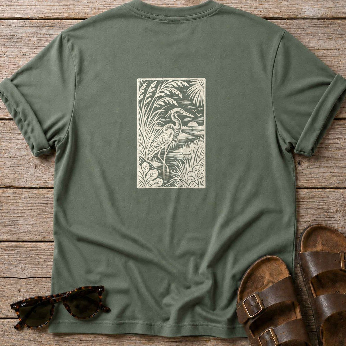 Heron Woodcut Back Design T-Shirt in Military Green