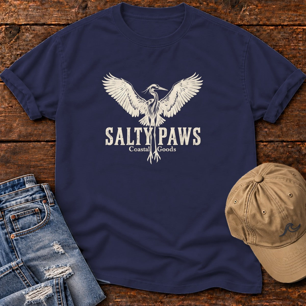 Rising Heron Salty Paws Coastal Goods T-Shirt in True Navy, Salty Paws Comfort Colors T-Shirt, front design flat lay
