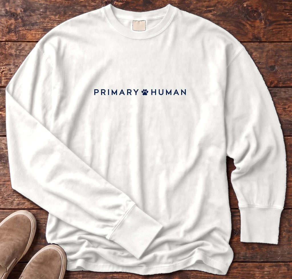 Primary Human Long Sleeve Tee in White, Salty Paws Comfort Colors Long Sleeve Tee, front design flat lay