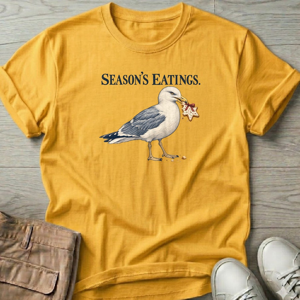 Season's Eatings Seagull T-Shirt in Daisy, Salty Paws T-Shirt, front design flat lay