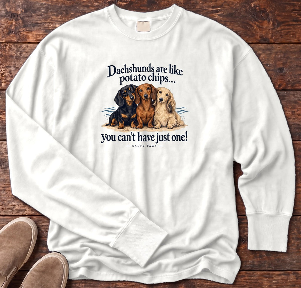Three Dachshunds Potato Chips Long Sleeve Tee in White, Salty Paws Comfort Colors Long Sleeve Tee, front design flat lay