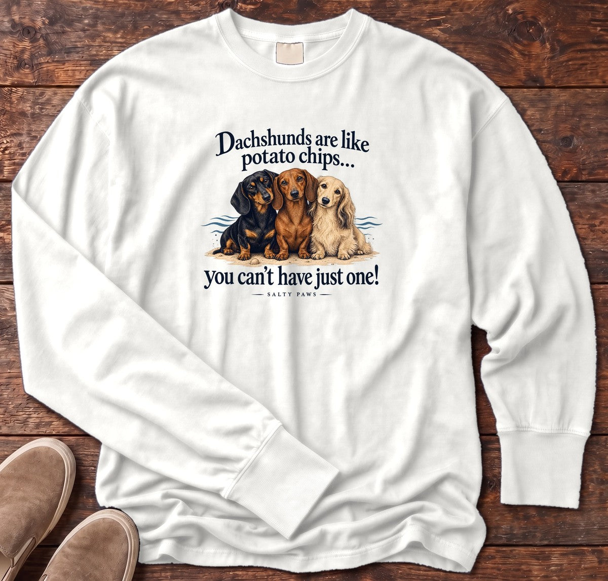 Three Dachshunds Potato Chips Long Sleeve Tee in White, Salty Paws Comfort Colors Long Sleeve Tee, front design flat lay