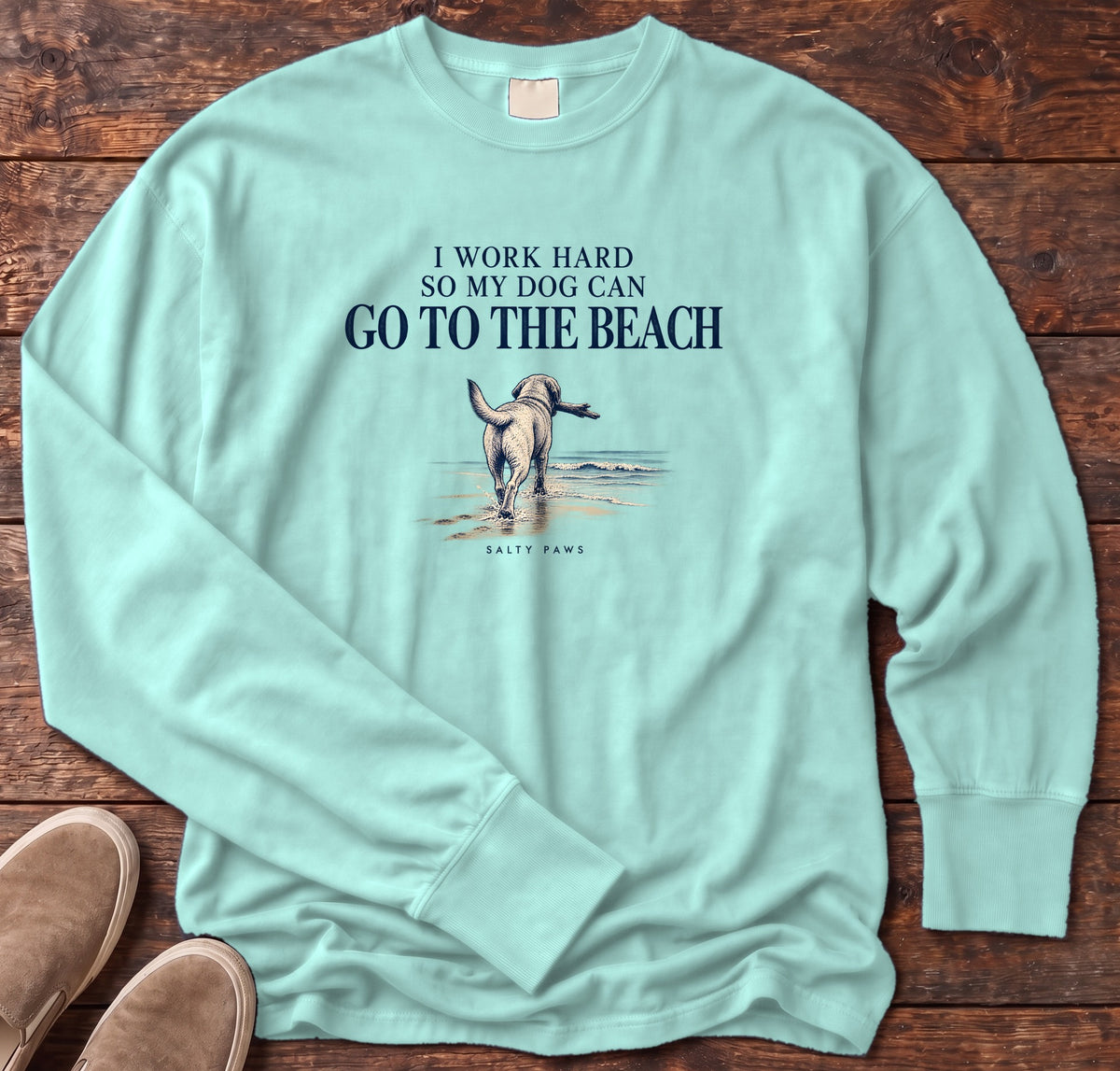 I Work Hard So My Dog Can Go to the Beach Long Sleeve Tee in Chalky Mint, Salty Paws Comfort Colors Long Sleeve Tee, front design flat lay