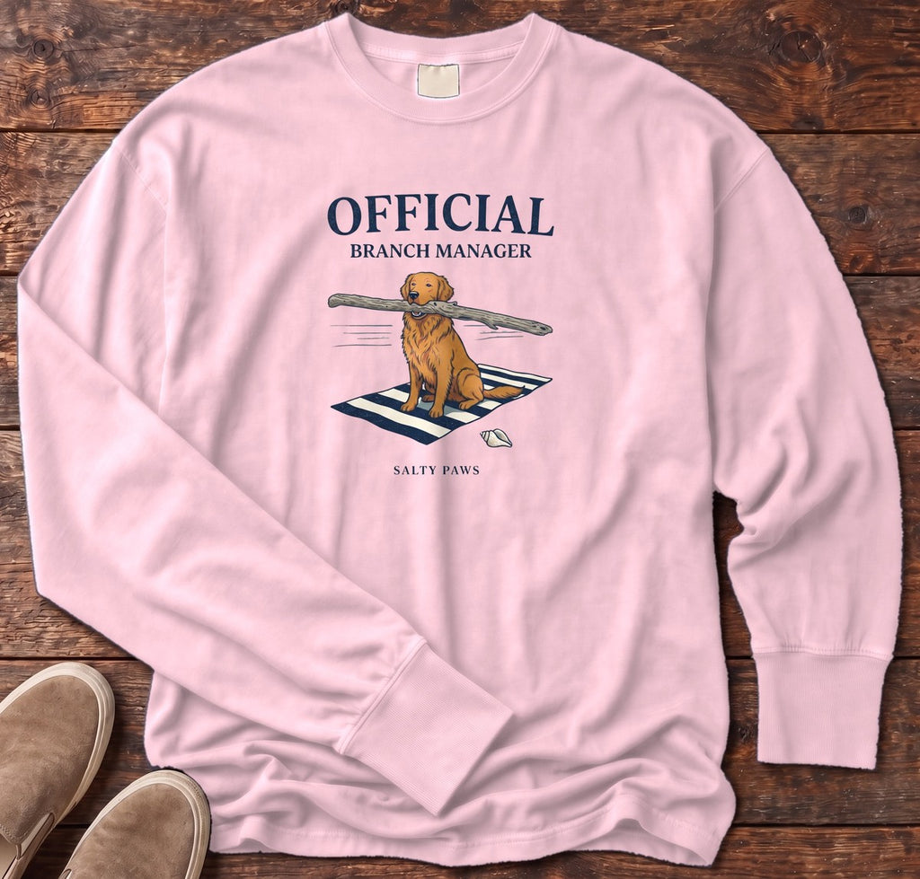 Official Branch Manager Golden Retriever Long Sleeve Tee in Blossom, Salty Paws Comfort Colors long sleeve tee
