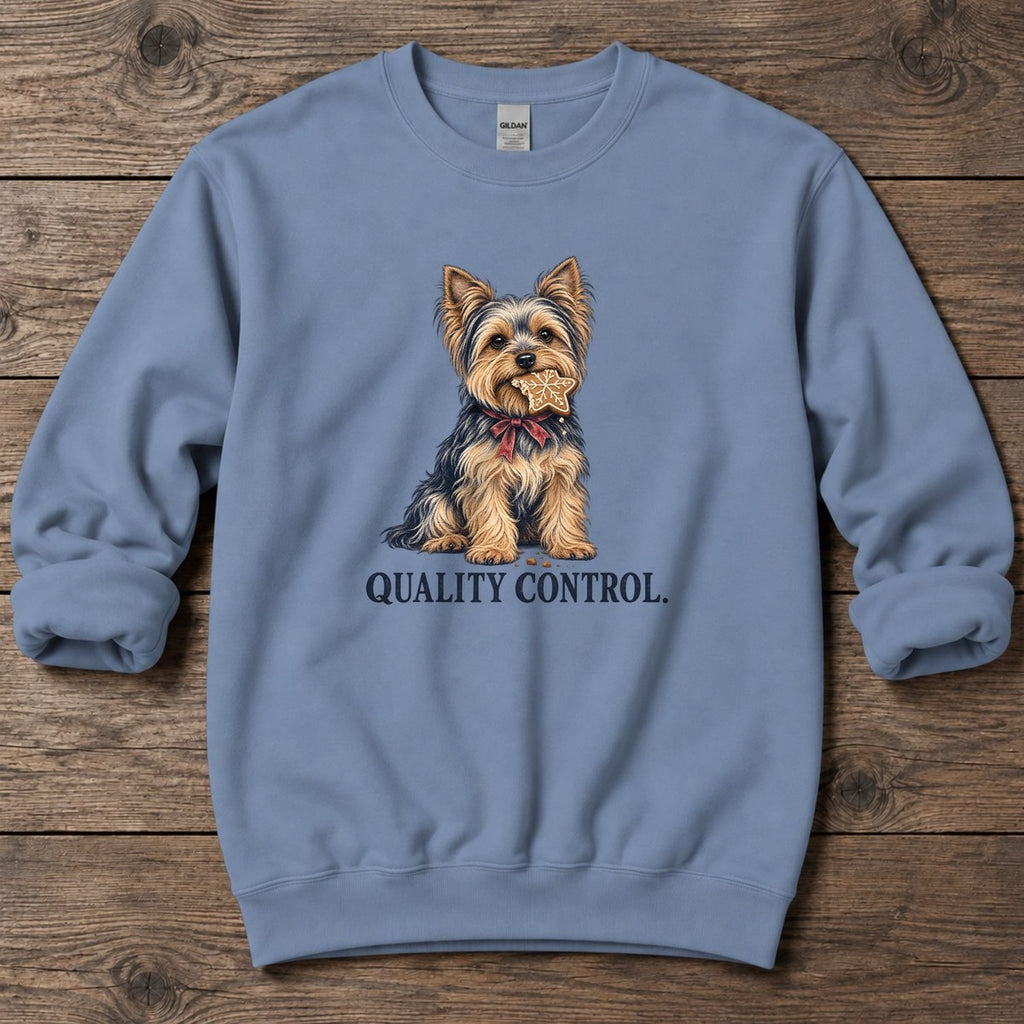 Quality Control Yorkie Midweight Sweatshirt in Stone Blue, Salty Paws Midweight Sweatshirt, front design flat lay