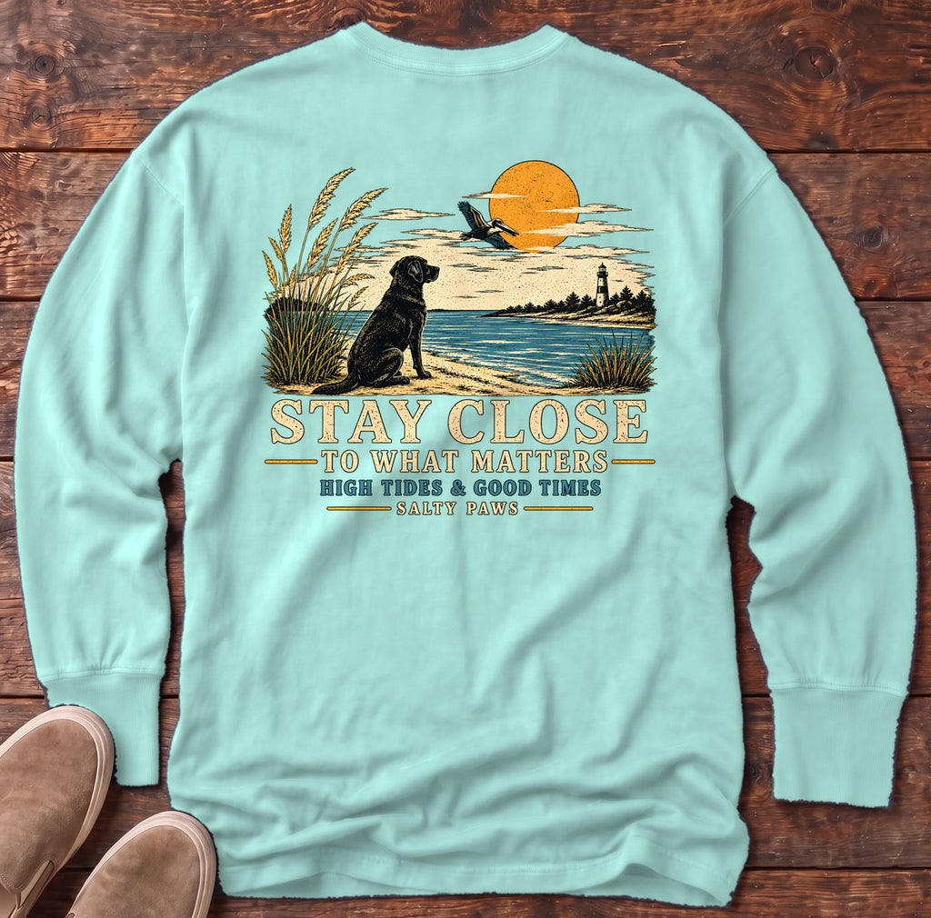 Stay Close Back Design Long Sleeve Tee in Chalky Mint, Salty Paws Comfort Colors long sleeve tee