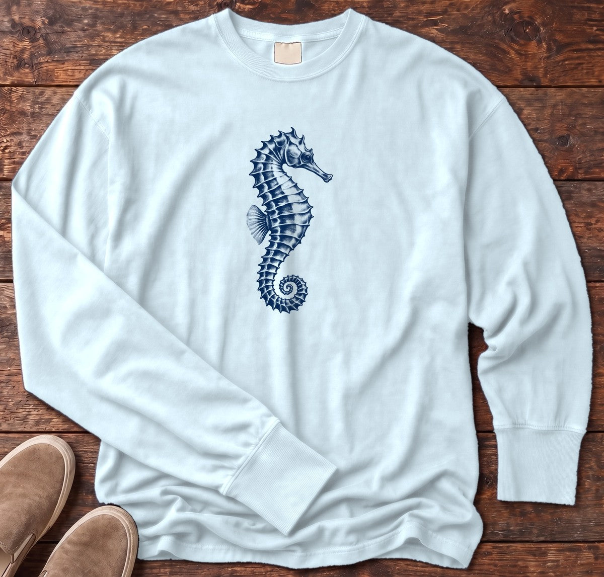 Navy Seahorse Long Sleeve Tee in Chambray, Salty Paws Comfort Colors Long Sleeve Tee, front design flat lay