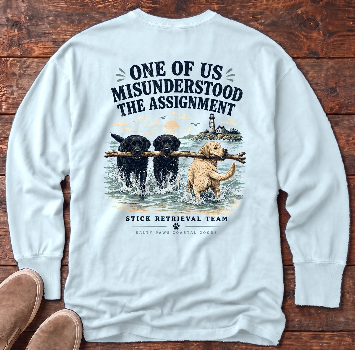 Misunderstood Assignment Labs Fetch Back Design Long Sleeve Tee in Chambray, Salty Paws Comfort Colors long sleeve tee