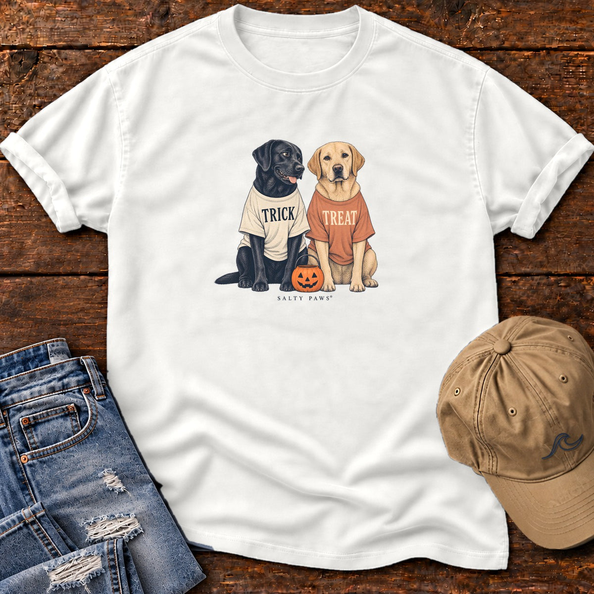 Trick or Treat Labs T-Shirt in White, Salty Paws Comfort Colors T-Shirt, front design flat lay