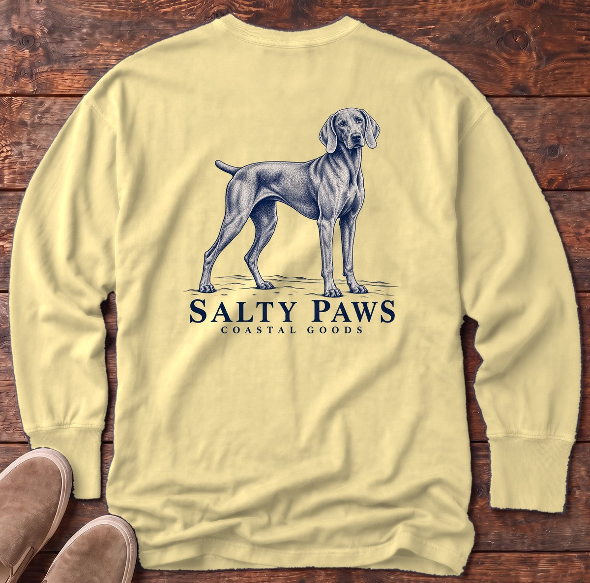 Weimaraner Coastal Goods Back Design Long Sleeve Tee in Butter, Salty Paws Comfort Colors Long Sleeve Tee, back design flat lay