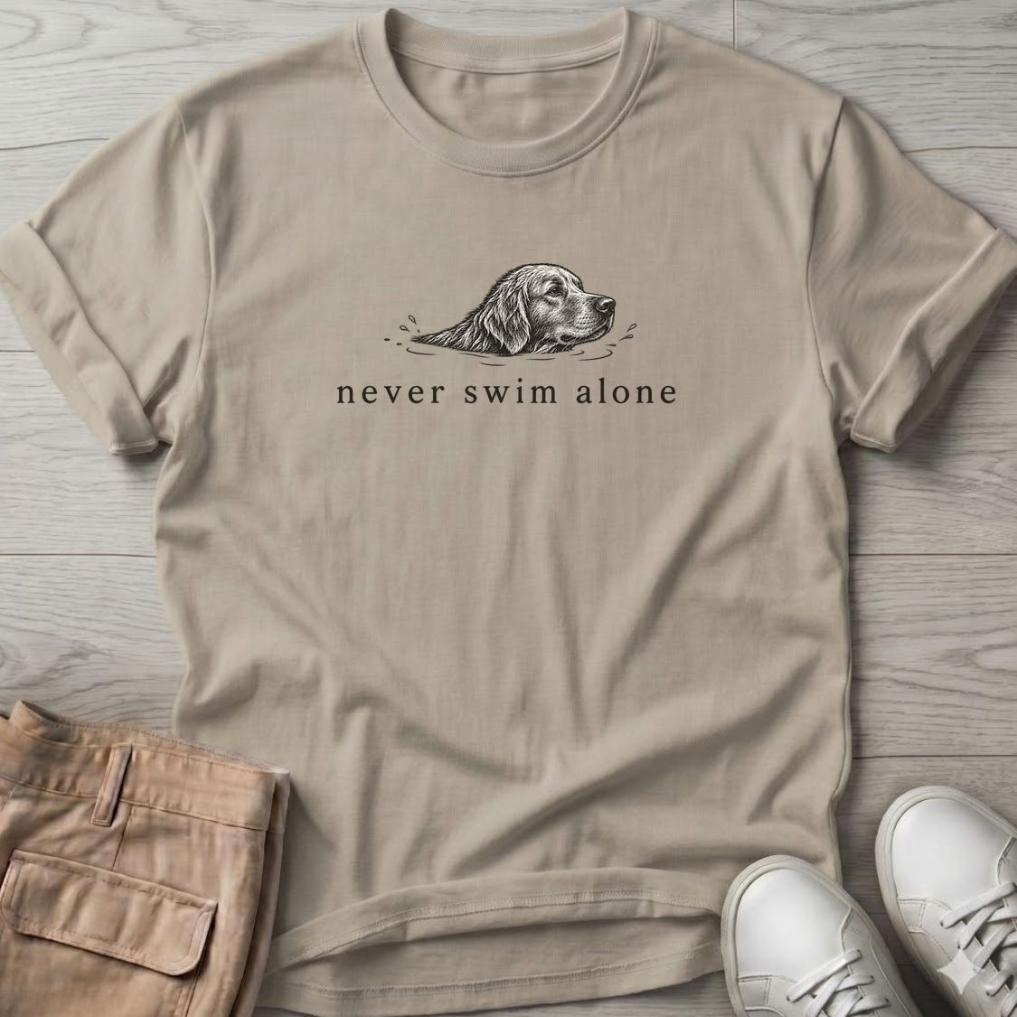 Never Swim Alone Golden Dog T-Shirt in Sand