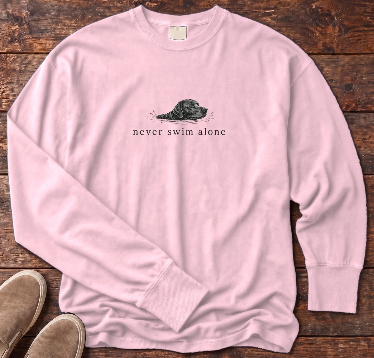 Never Swim Alone Lab Dog Long Sleeve Tee in Blossom, Salty Paws Comfort Colors long sleeve tee