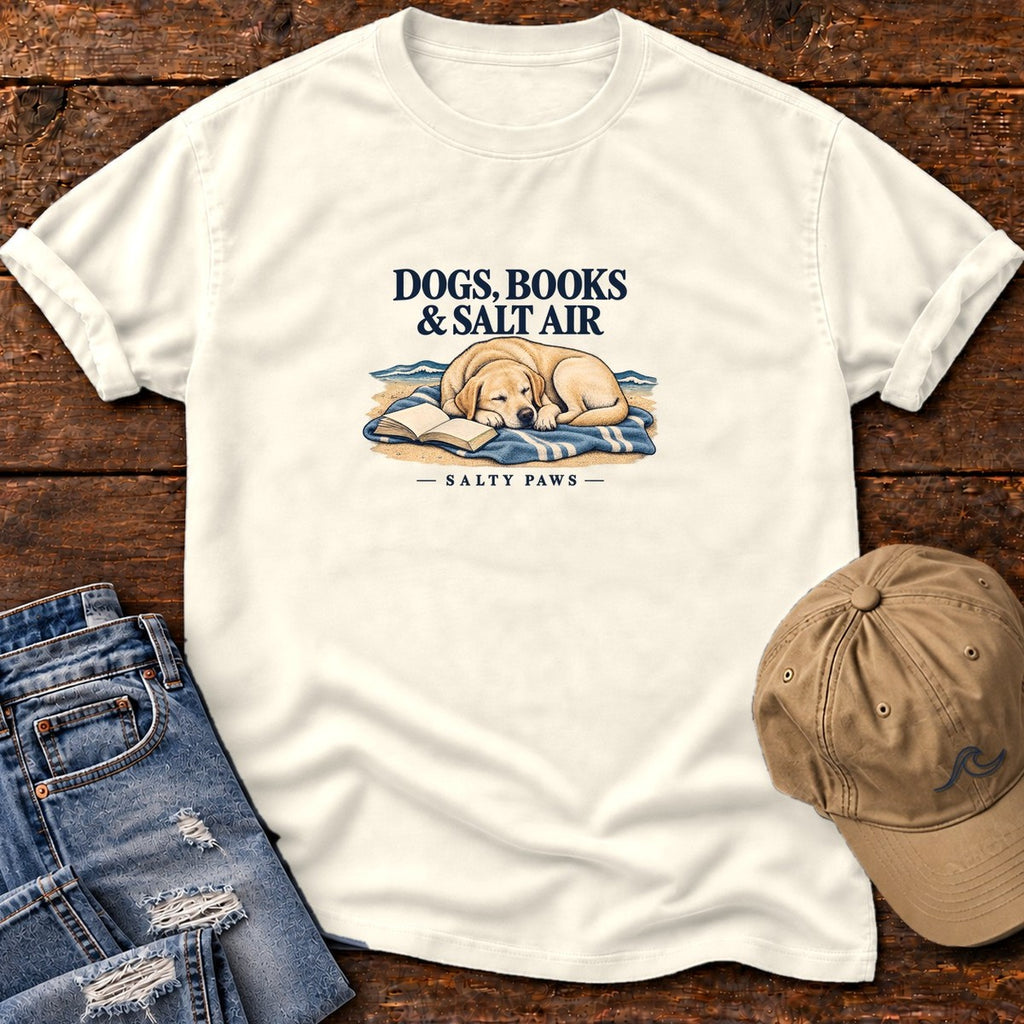 Dogs, Books & Salt Air Yellow Lab T-Shirt in Ivory, Salty Paws Comfort Colors T-Shirt, front design flat lay