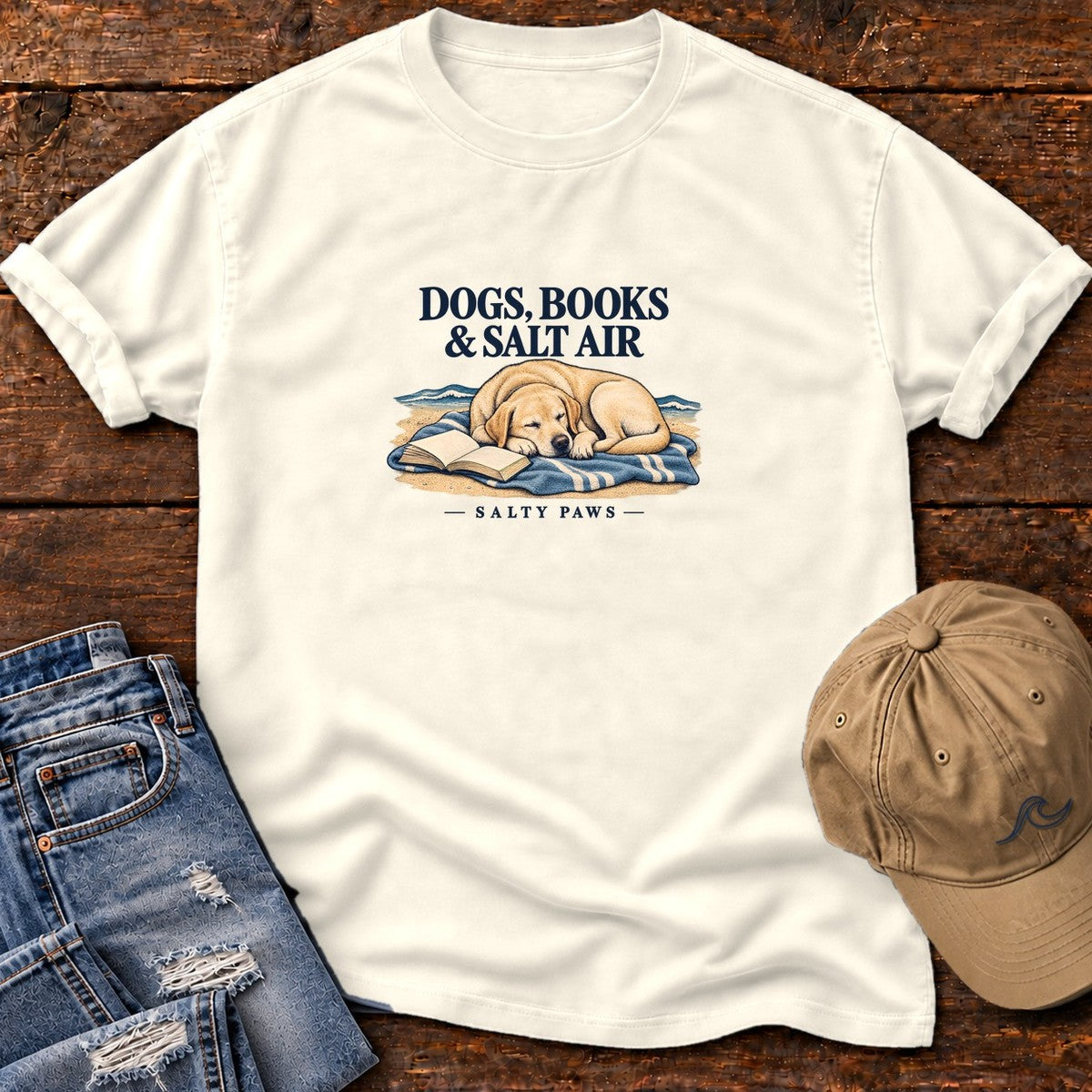 Dogs, Books & Salt Air Yellow Lab T-Shirt in Ivory, Salty Paws Comfort Colors T-Shirt, front design flat lay