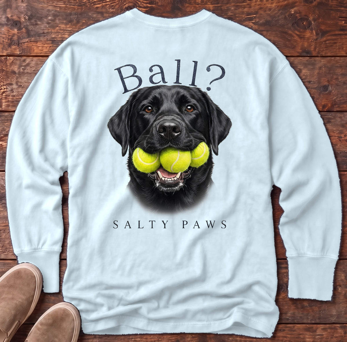 Ball? Black Lab Back Design Long Sleeve Tee in Chambray, Salty Paws Comfort Colors long sleeve tee