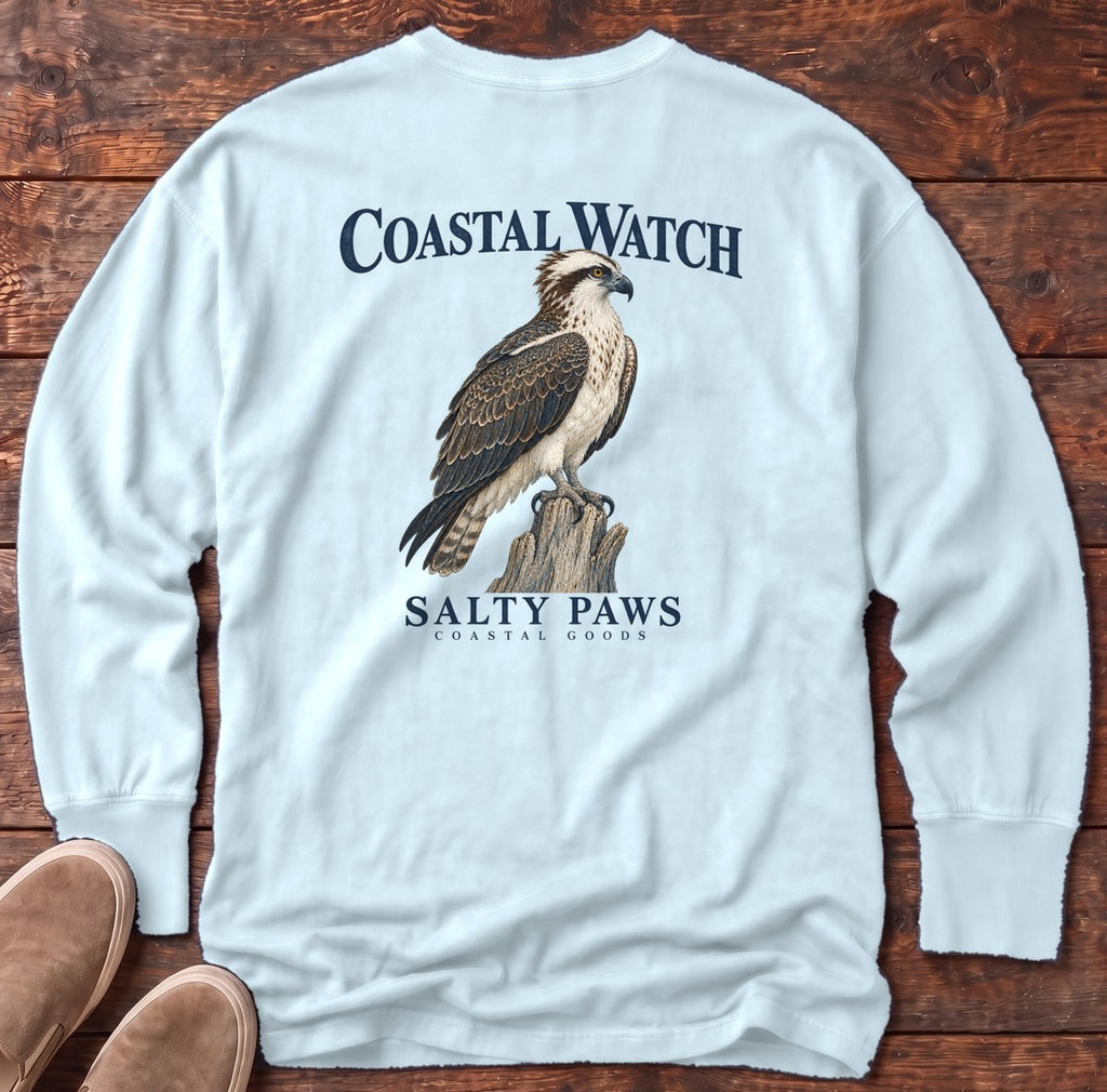 Coastal Watch Osprey Salty Paws Coastal Goods Back Design Long Sleeve Tee in Chambray, Salty Paws Comfort Colors Long Sleeve Tee, back design flat lay