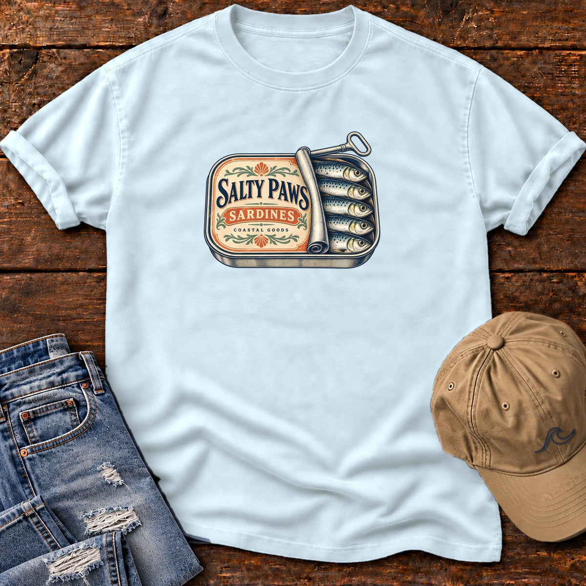 Salty Paws Sardines Coastal Goods T-Shirt in Chambray, Salty Paws Comfort Colors T-Shirt, front design flat lay